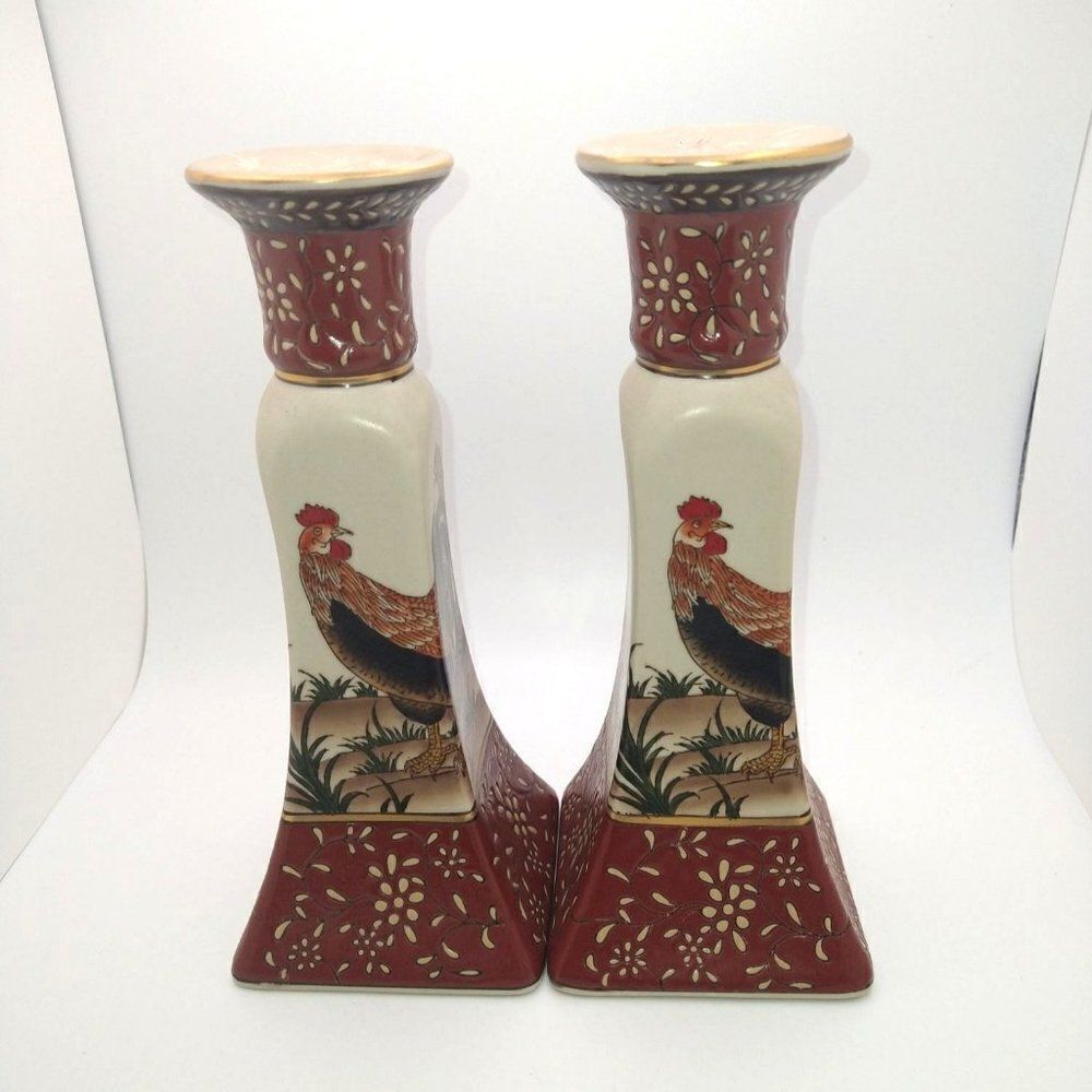 Pair of Rooster Chicken Candesticks Taper Candles Set Porcelain